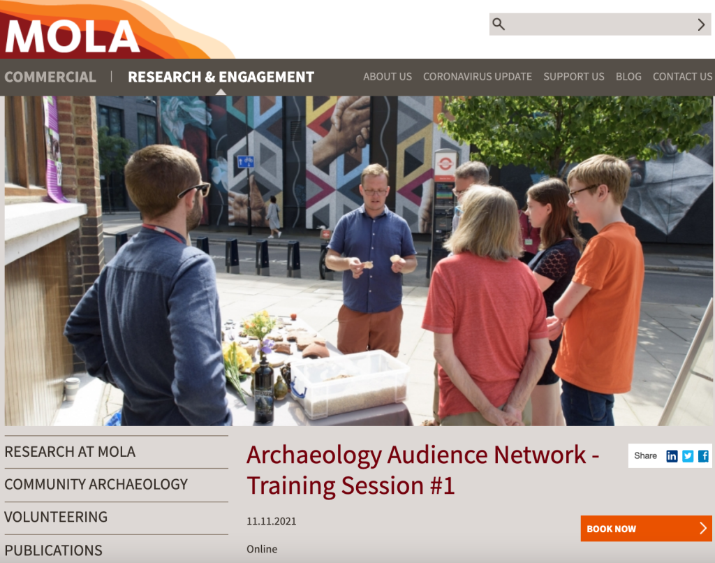 Screenshot of MOLA webpage advertising the first Archaeology Audience Network event on 11 November 2021. The image shows a group of 6 people surrounding an archaeological handling kit.